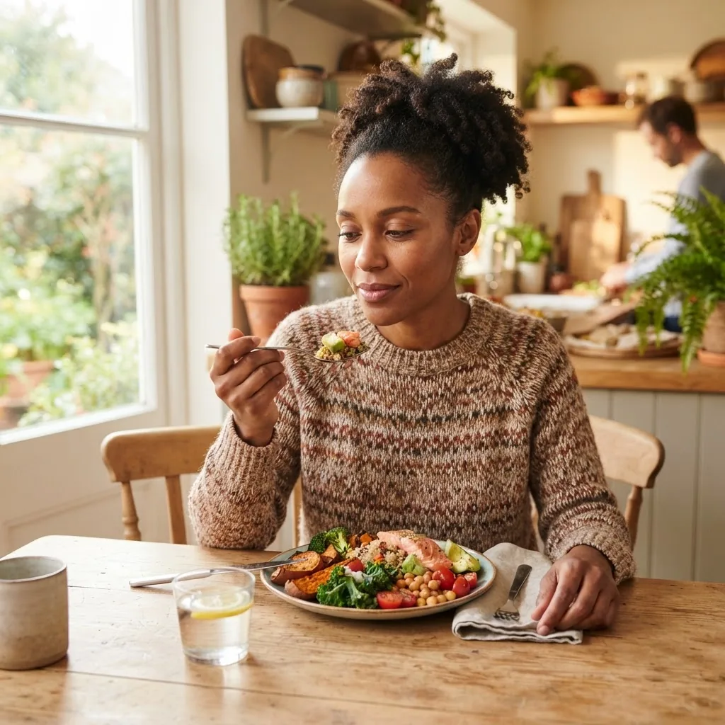 A high-resolution photo of a diverse adult woman thoughtfully eating a small portion of a colorful, balanced meal at a bright dining table