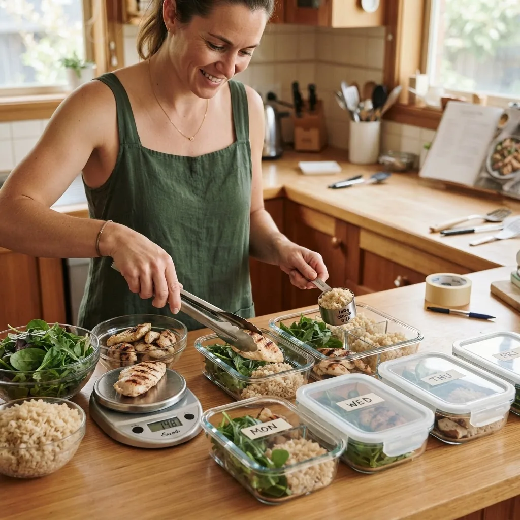 a person filling 500 ml meal prep containers on a kitchen counter with salad greens, grilled chicken portions measured on a digital scale,