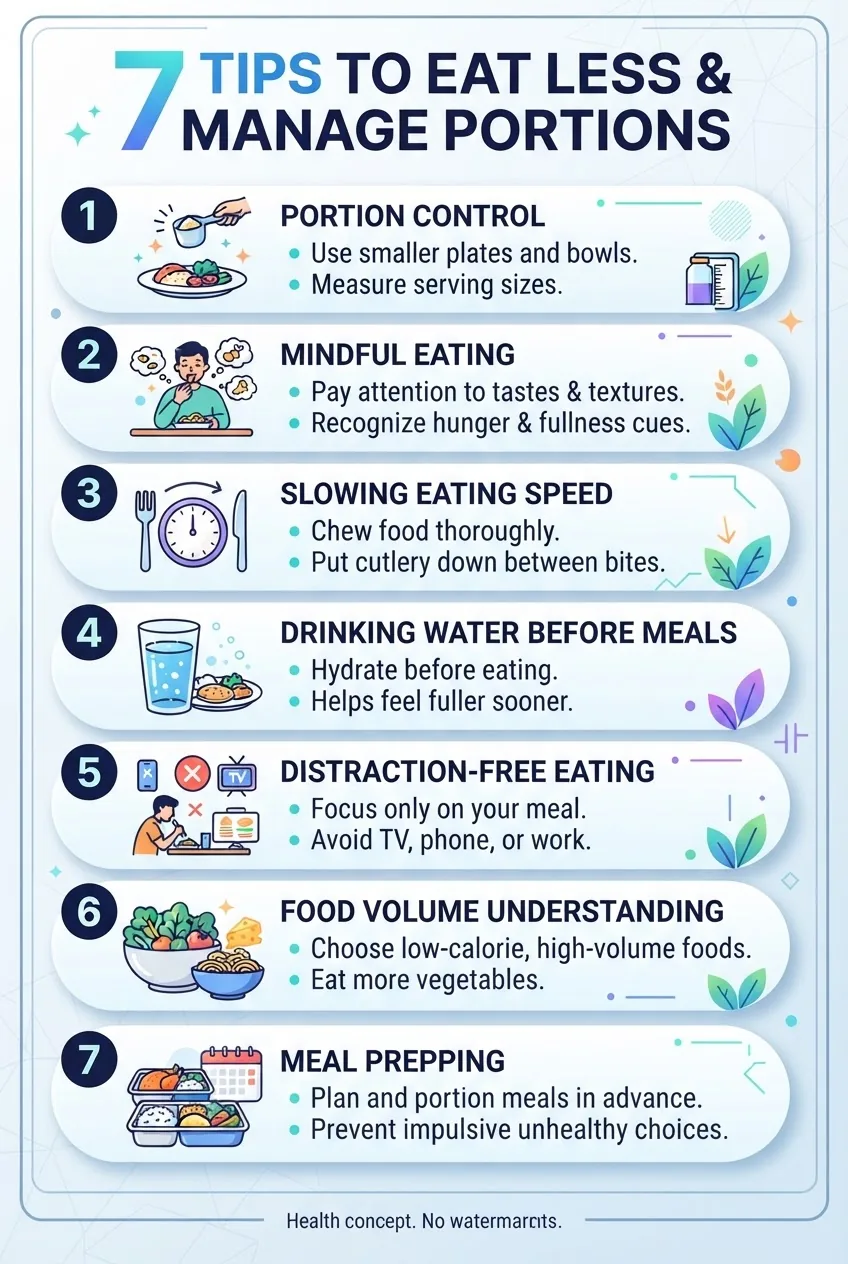 A vertical infographic with a clean design depicting 7 numbered tips to eat less: portion control, mindful eating, slowing eating speed,