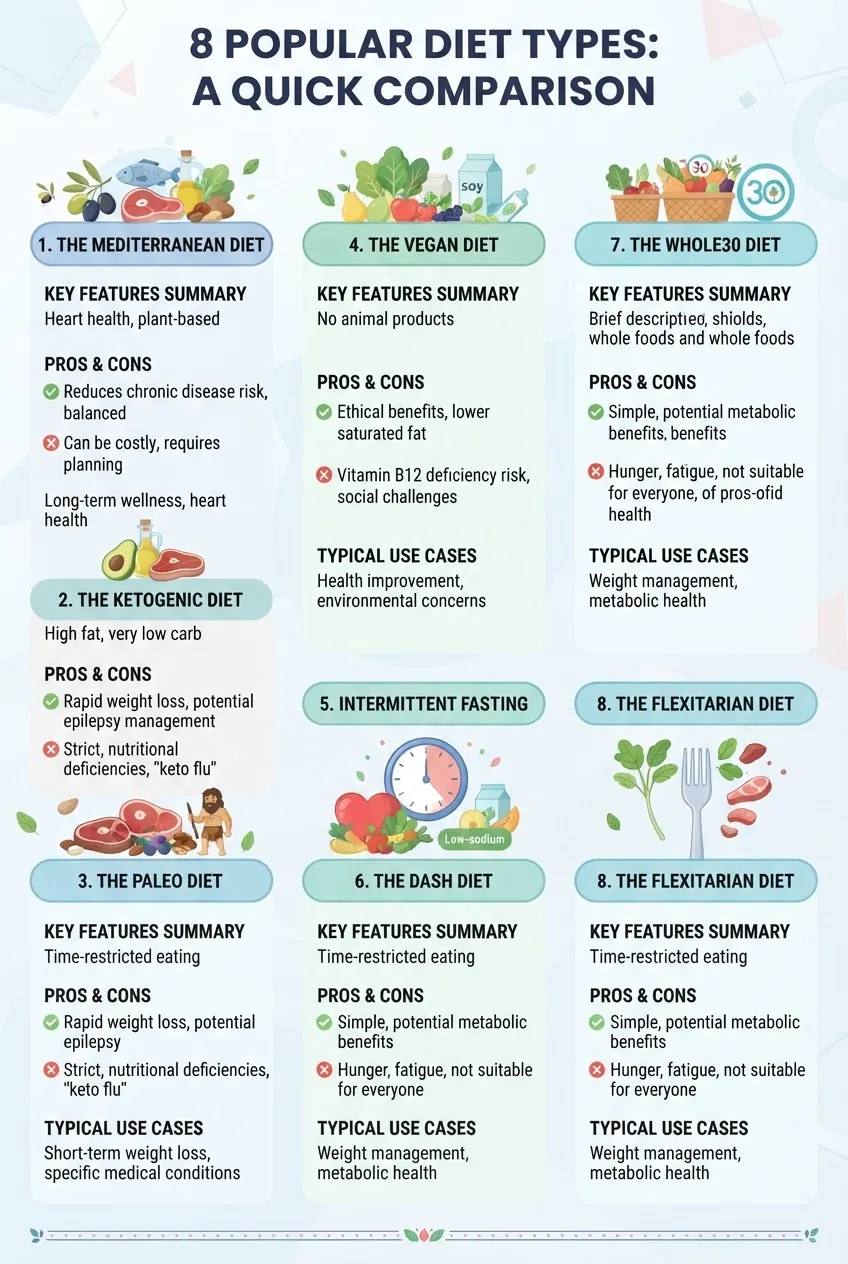 A clean, three-column infographic listing 8 popular diet types; each column includes diet name with icon, key features summary, pros and