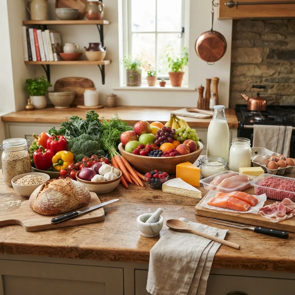 colorful assortment of common foods arranged by type on a rustic kitchen countertop—grains, fresh fruits, vegetables, dairy products, and