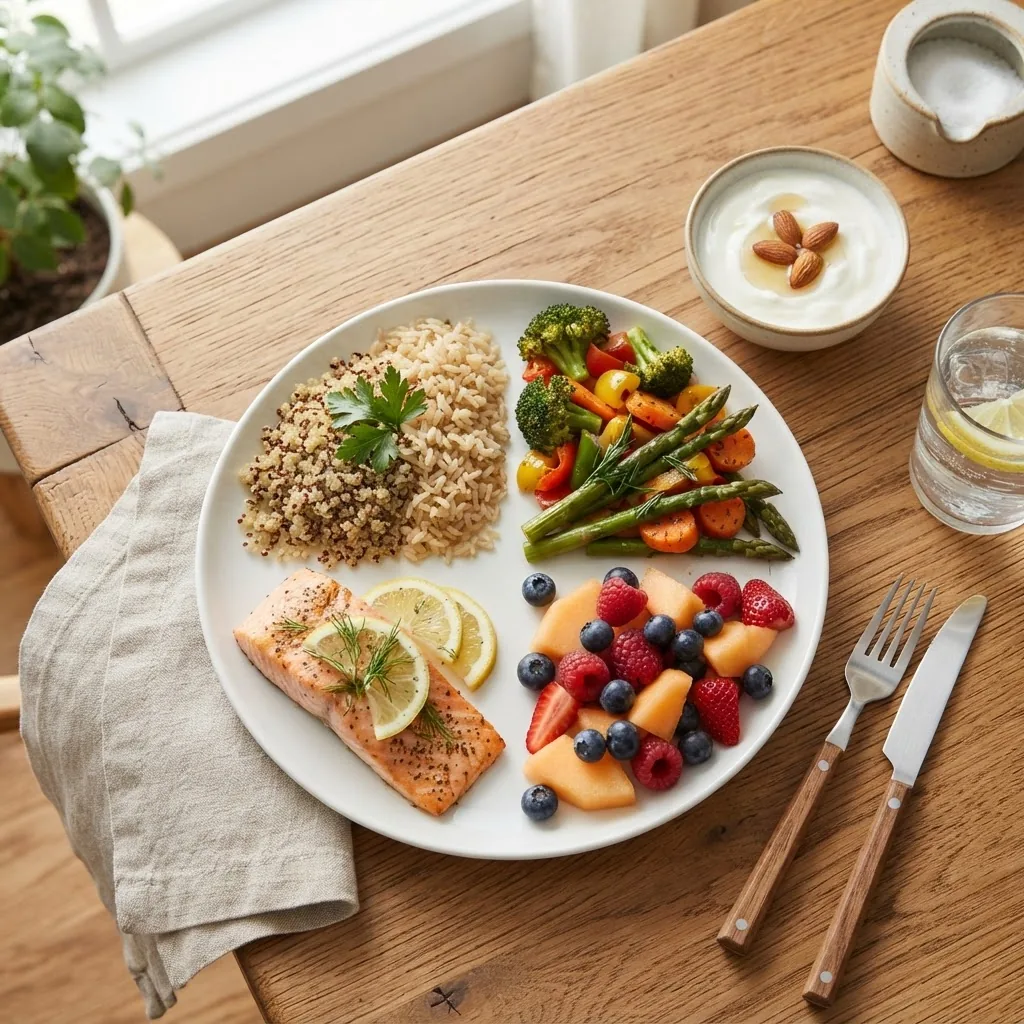 a balanced plate divided into food groups including proteins, grains, vegetables, fruits, and dairy, photographed from above with natural