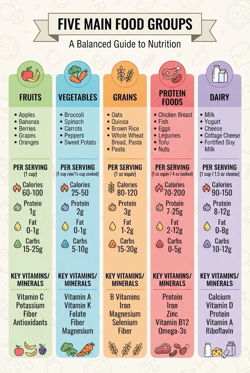 An infographic with five columns representing the main food groups; each column includes an icon, a short bullet list of common foods,