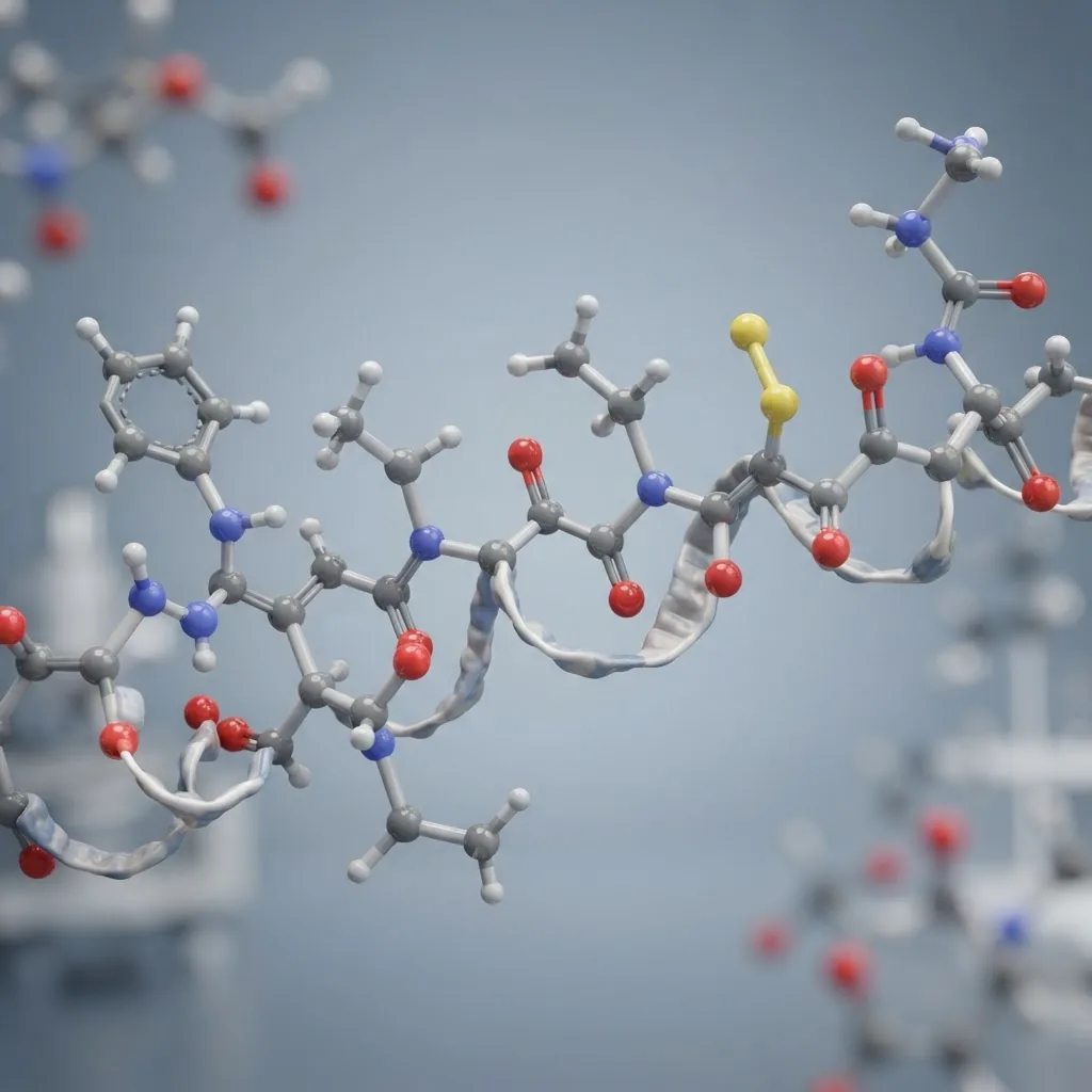 A close-up scientific illustration-style image of amino acid molecules connected in a chain forming a protein strand over a neutral