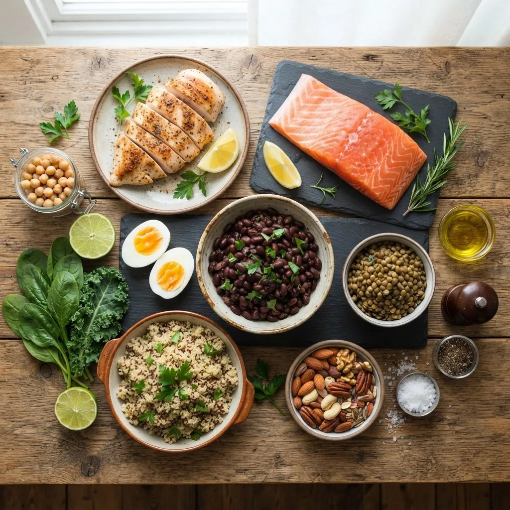 A high-resolution flat lay photo of a balanced assortment of protein-rich foods including chicken breast, eggs, salmon, black beans,