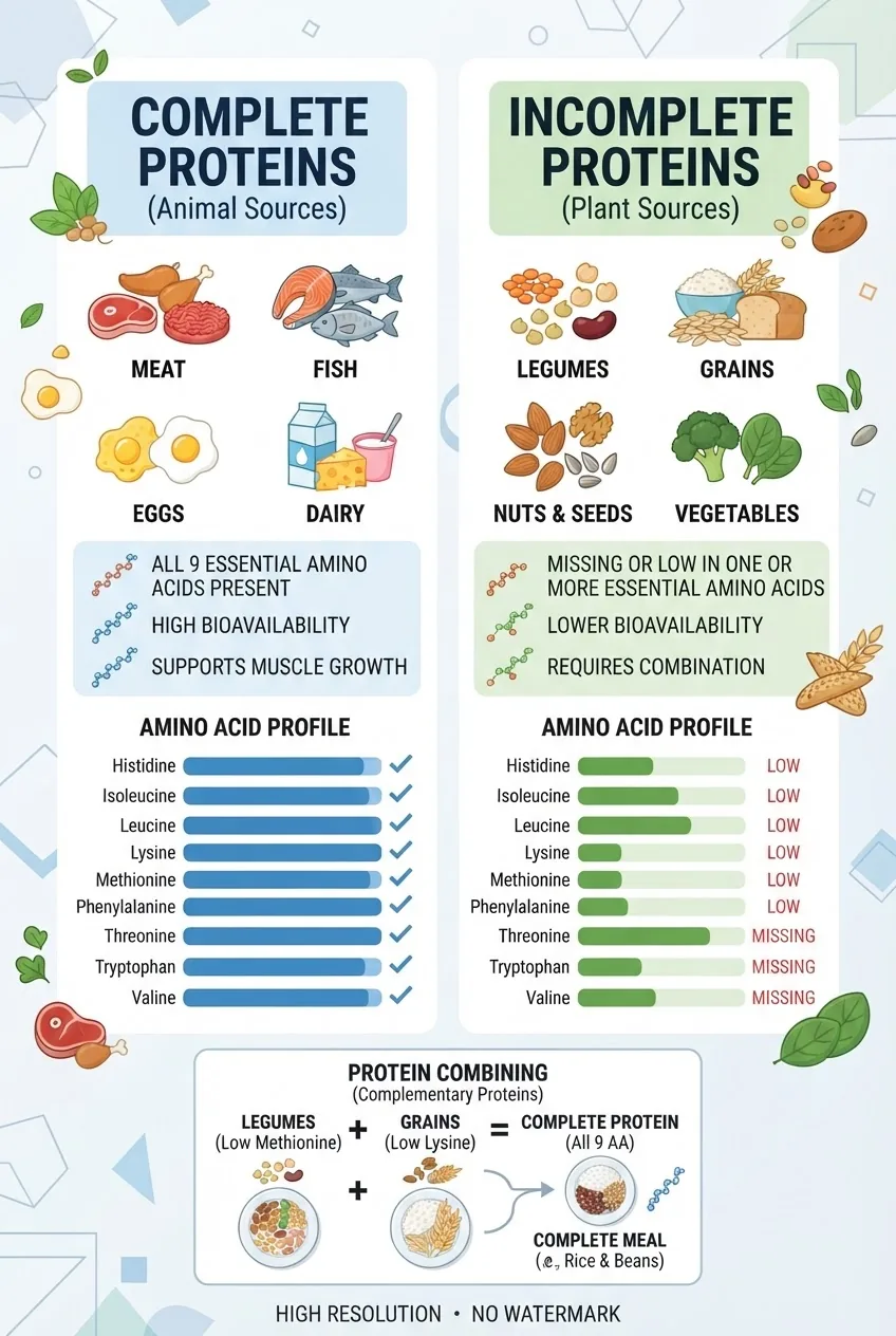 A clean infographic split into two columns comparing complete and incomplete proteins: left column lists animal sources with icons and