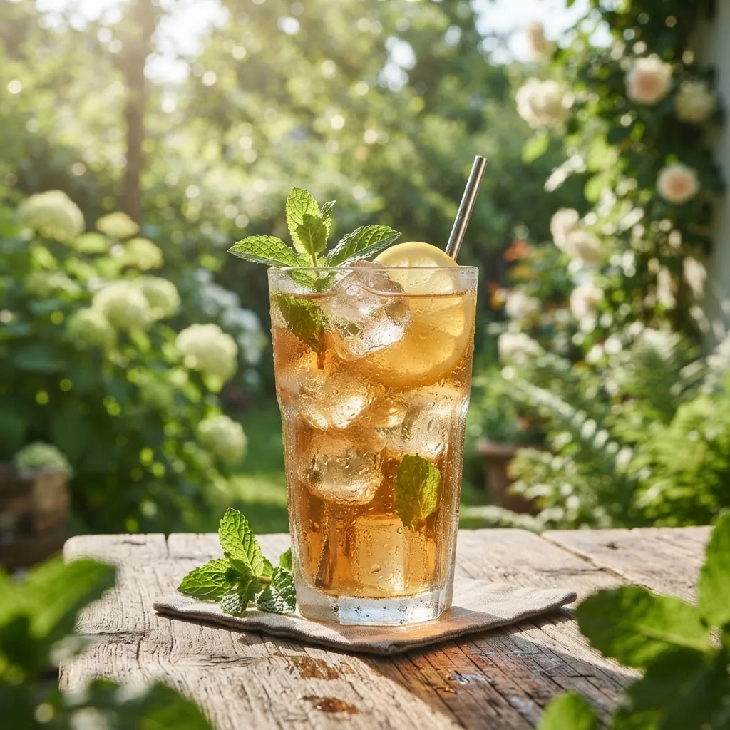 Refreshing scene of a glass of iced herbal tea with condensation droplets, placed outdoors on a sunny day with green foliage blurred in the