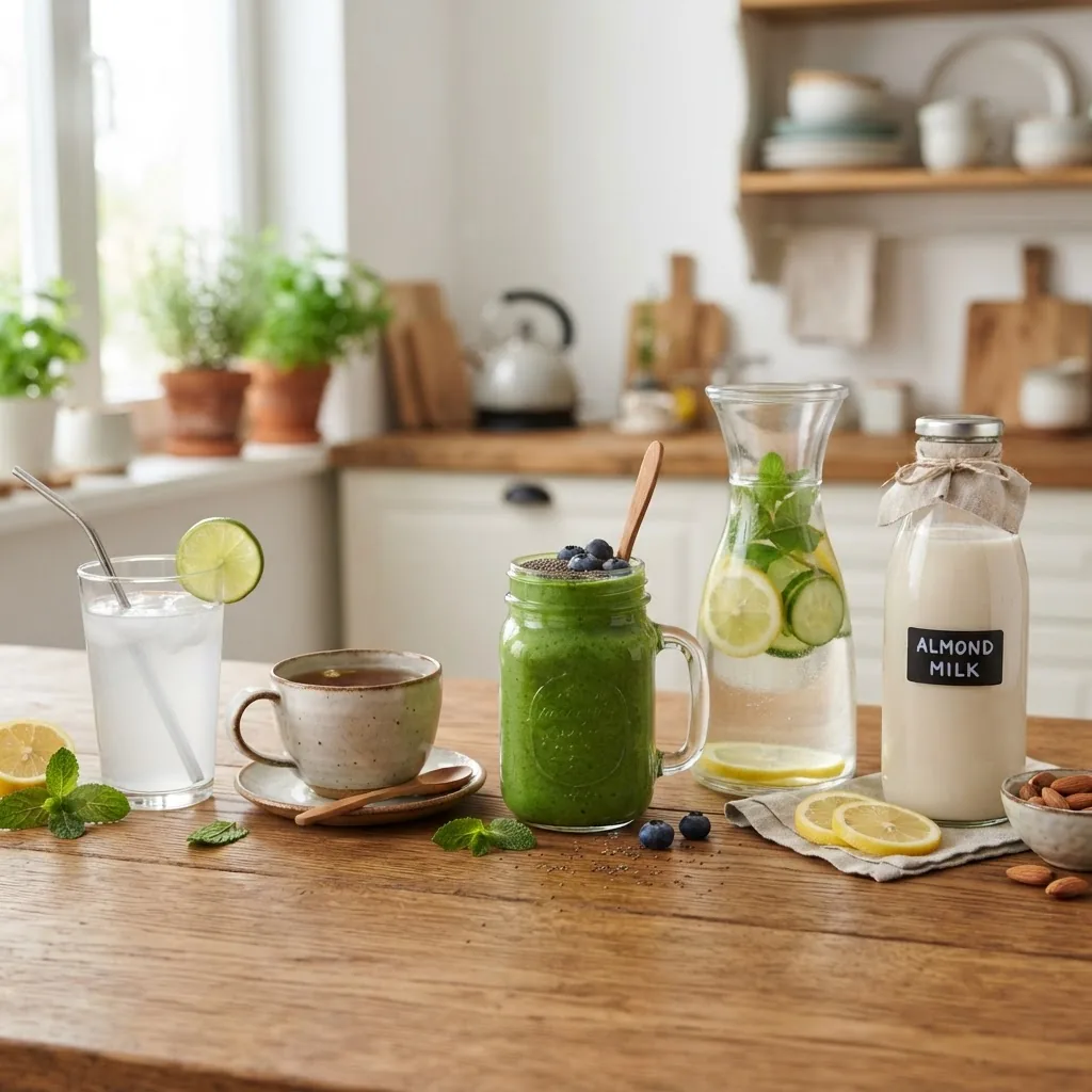 A bright, colorful image showing a variety of healthy drinks arranged neatly on a wooden table: coconut water in a clear glass with a