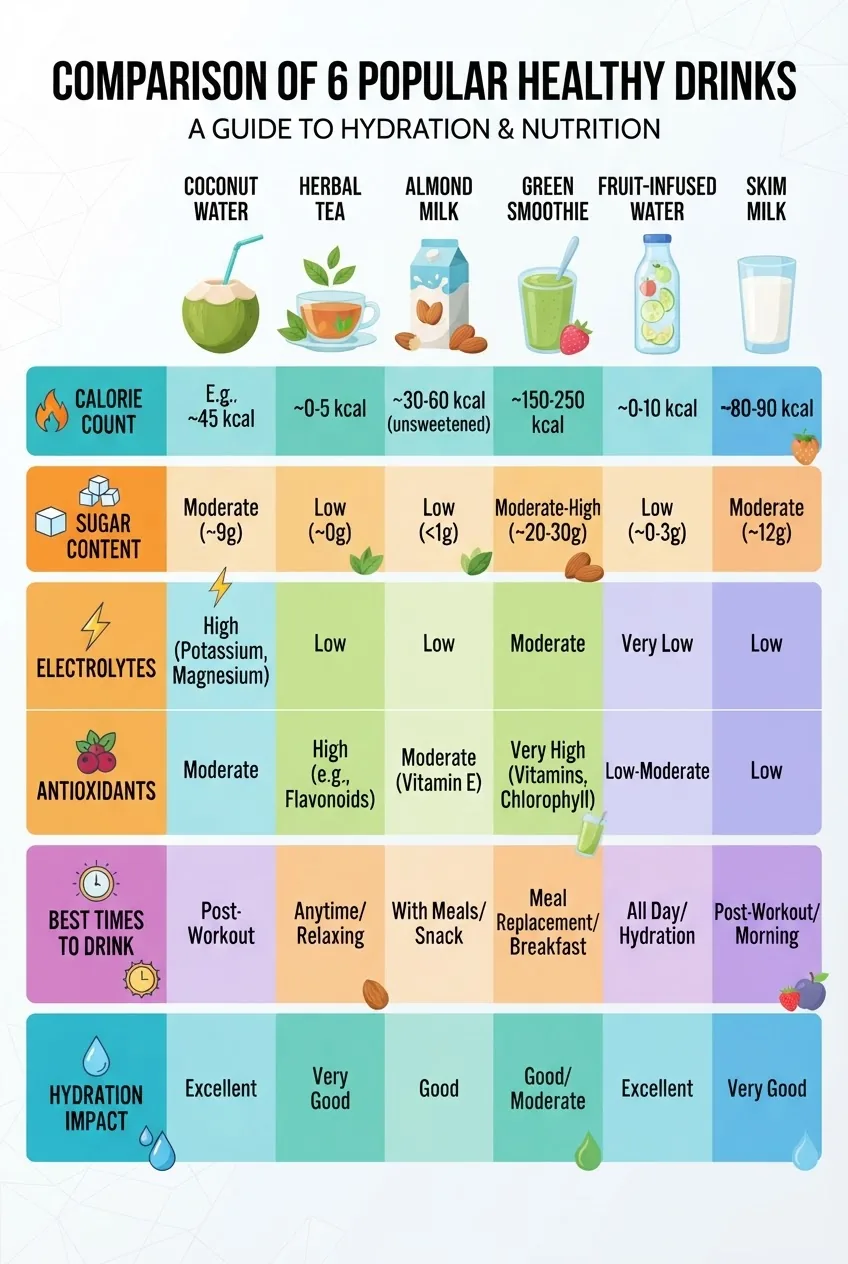features a comparison table with columns representing 6 popular healthy drinks (coconut water, herbal tea, almond milk, green smoothie,