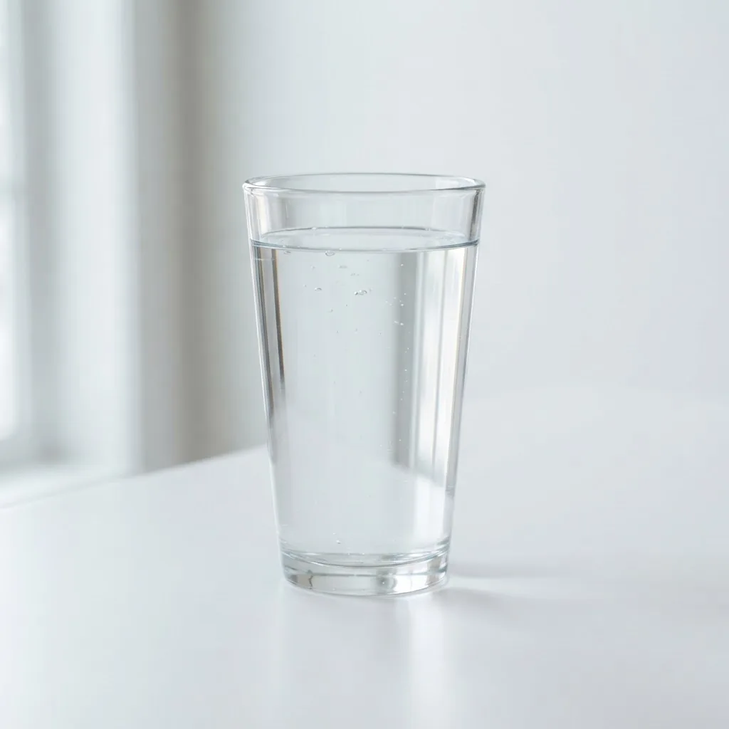 A high-resolution image of a standard clear glass filled with 32 fluid ounces of water, shot from a slight side angle on a simple white