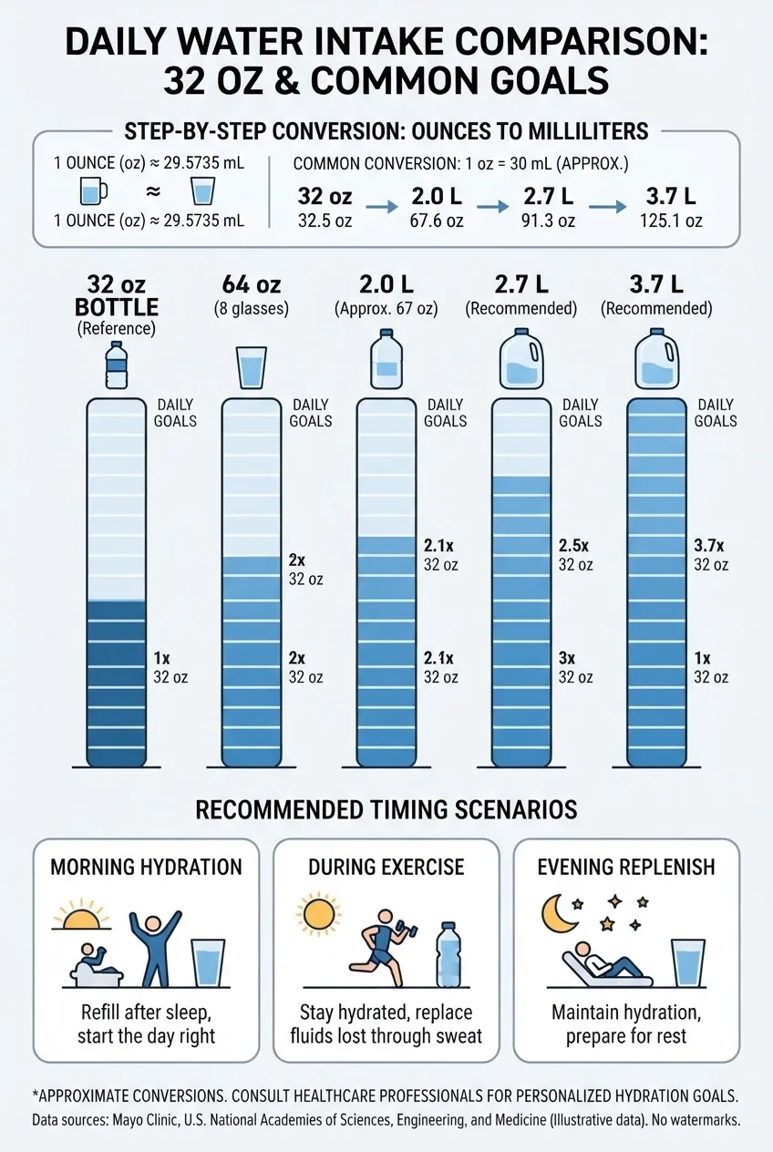 visually compares 32 oz to common daily water targets (2.0 L, 2.7 L, 3.7 L, 64 oz) using proportional bars, includes conversion steps from