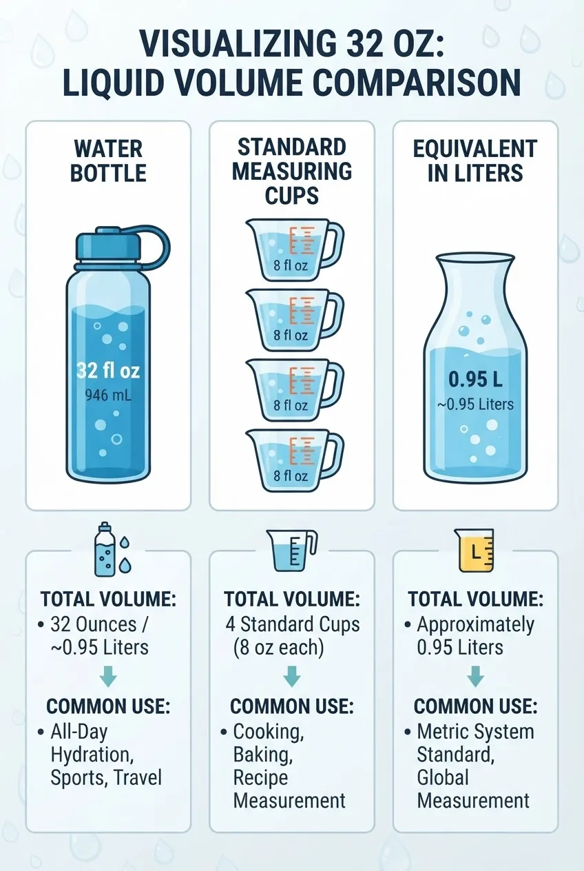 An infographic with three columns showing side-by-side visuals: a water bottle labeled “32 oz,” four standard measuring cups stacked to 32