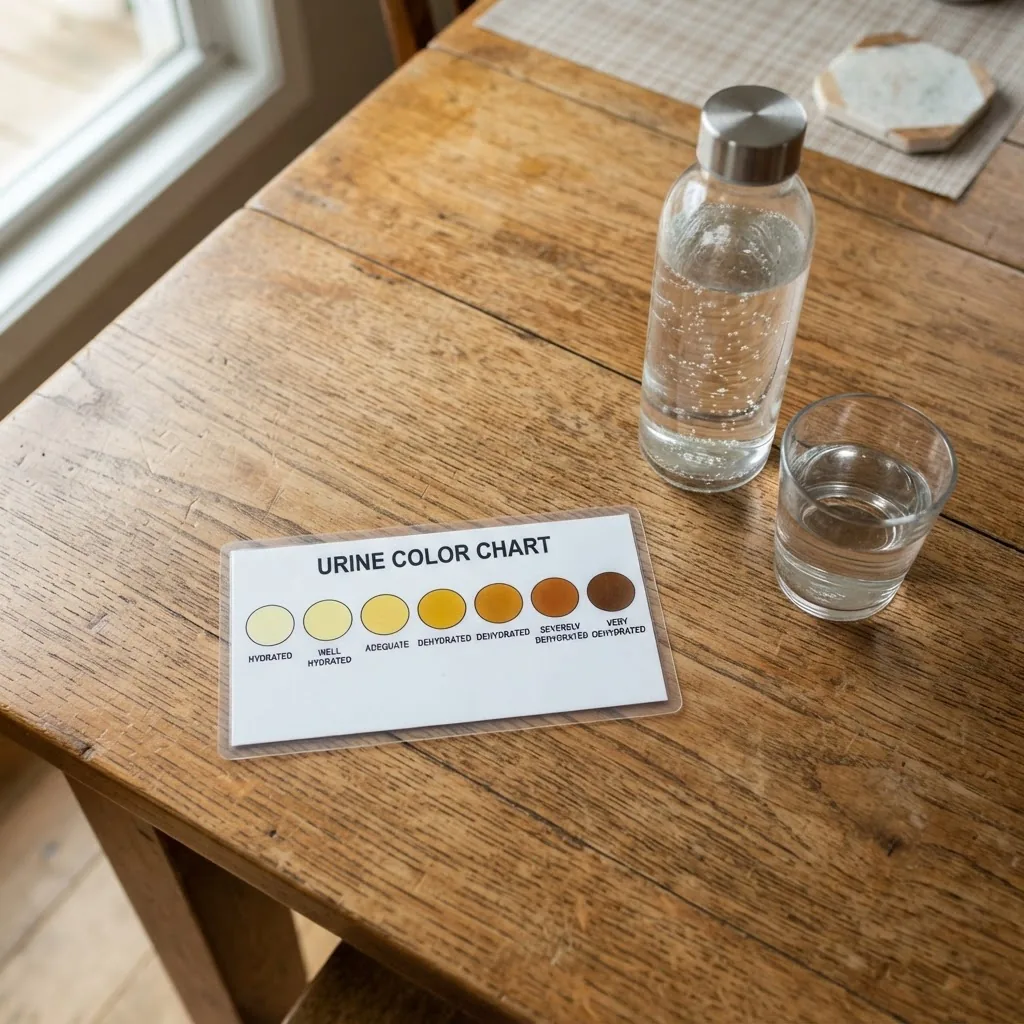 a simple printed urine color chart labeled from clear to dark yellow, lying next to a water bottle and a glass, on a wooden kitchen table
