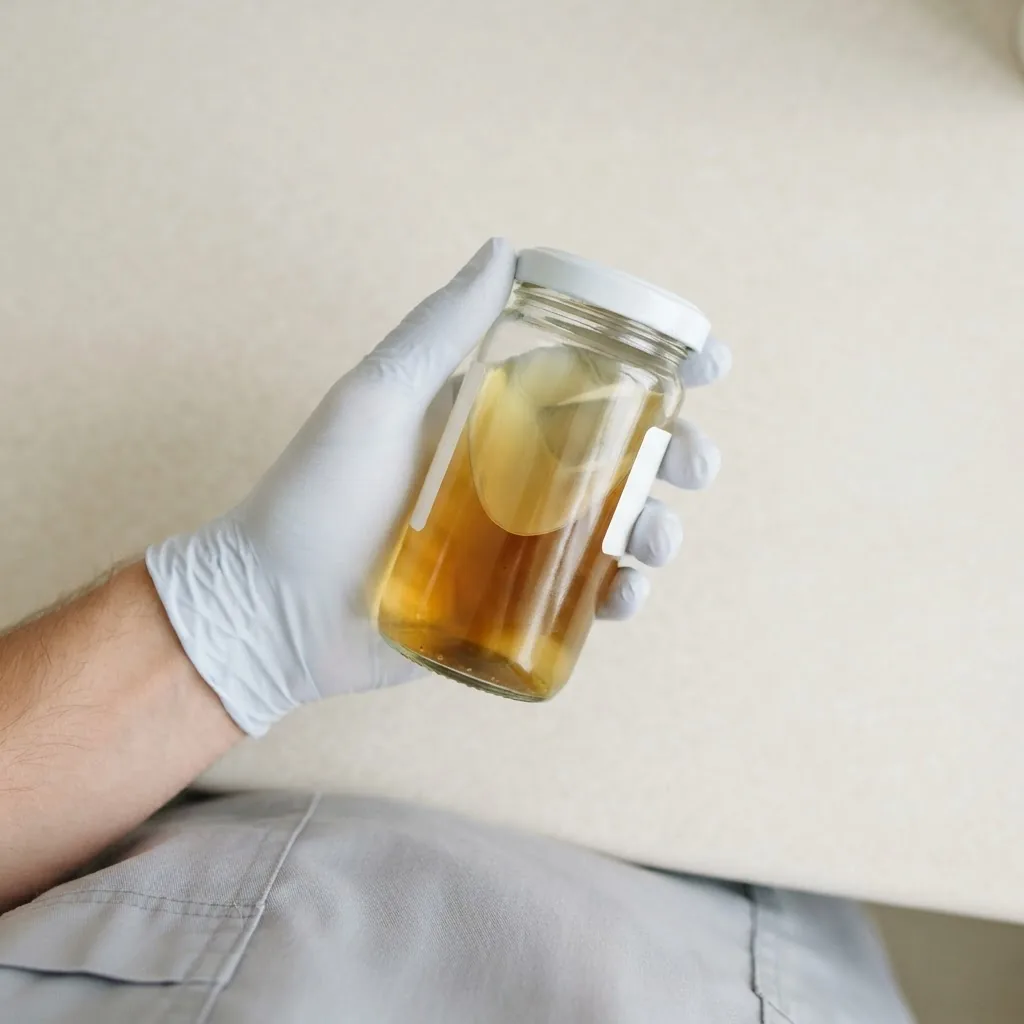a hand holding a clear glass container of urine, overhead view, showing a visible gradient of different yellow shades from pale to dark