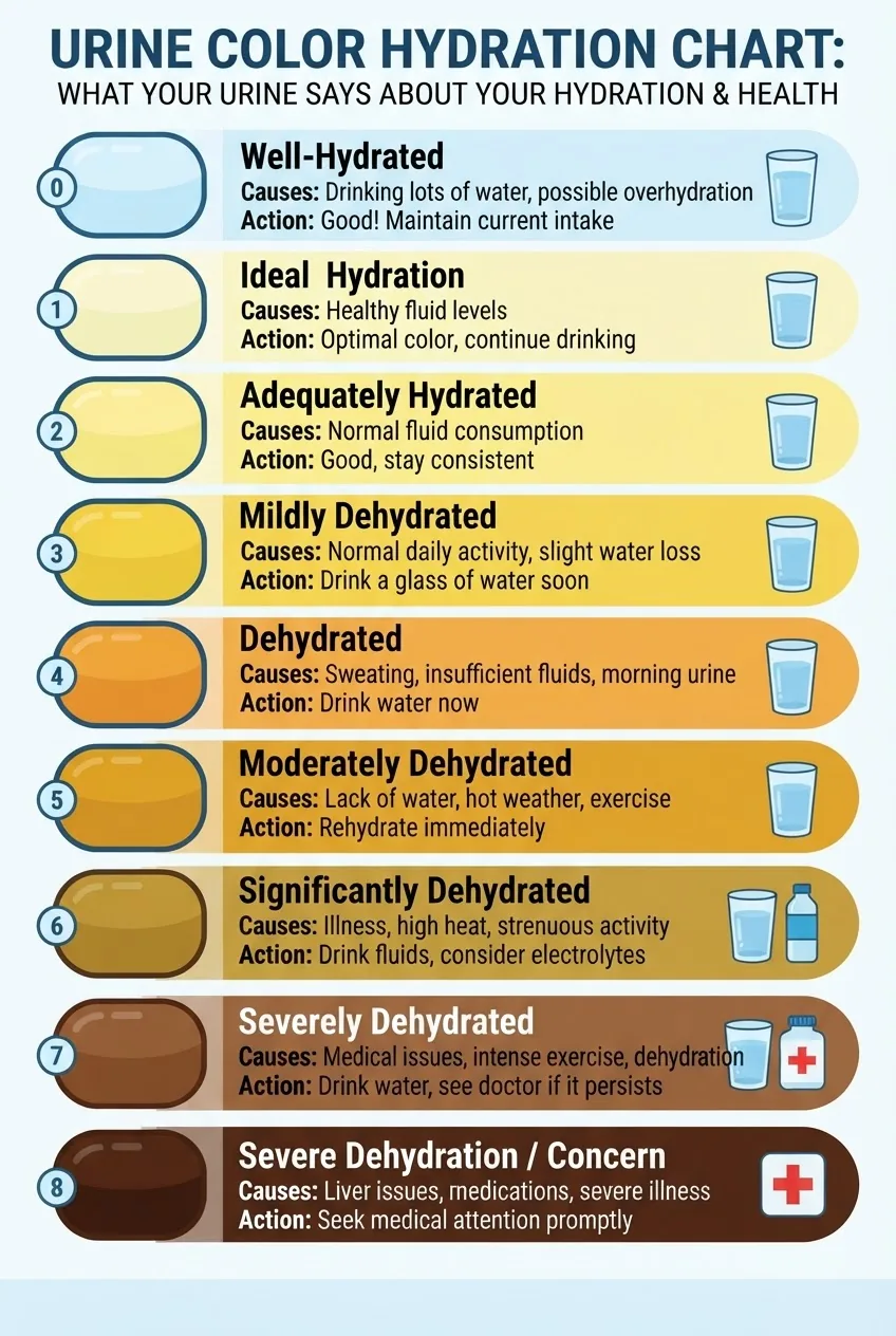 shows a vertical urine color chart with labeled swatches from clear to brown (0–8), each swatch annotated with "Hydration level"