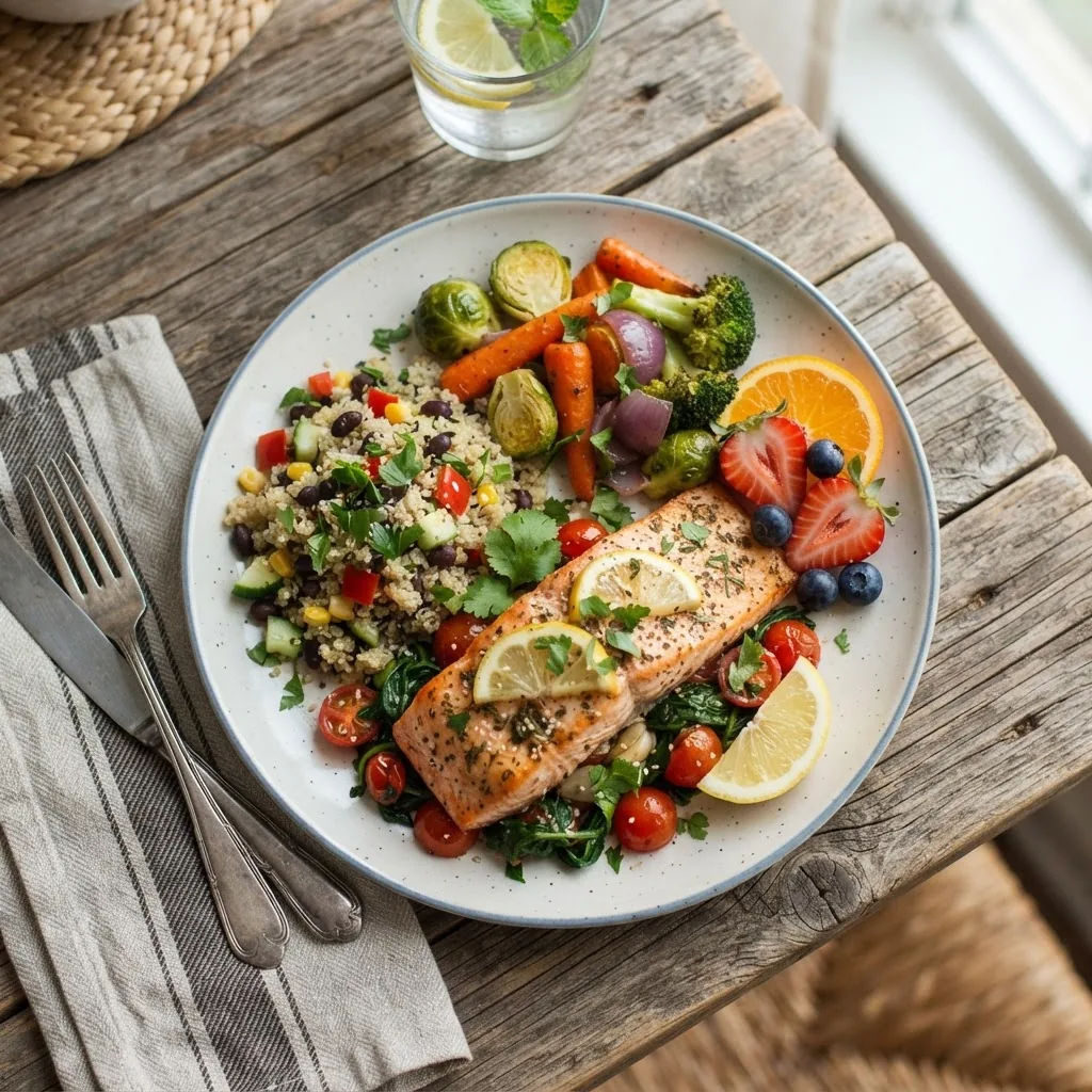 A close-up overhead shot of a colorful, balanced meal plate filled with vegetables, whole grains, lean protein, and fresh fruit on a rustic