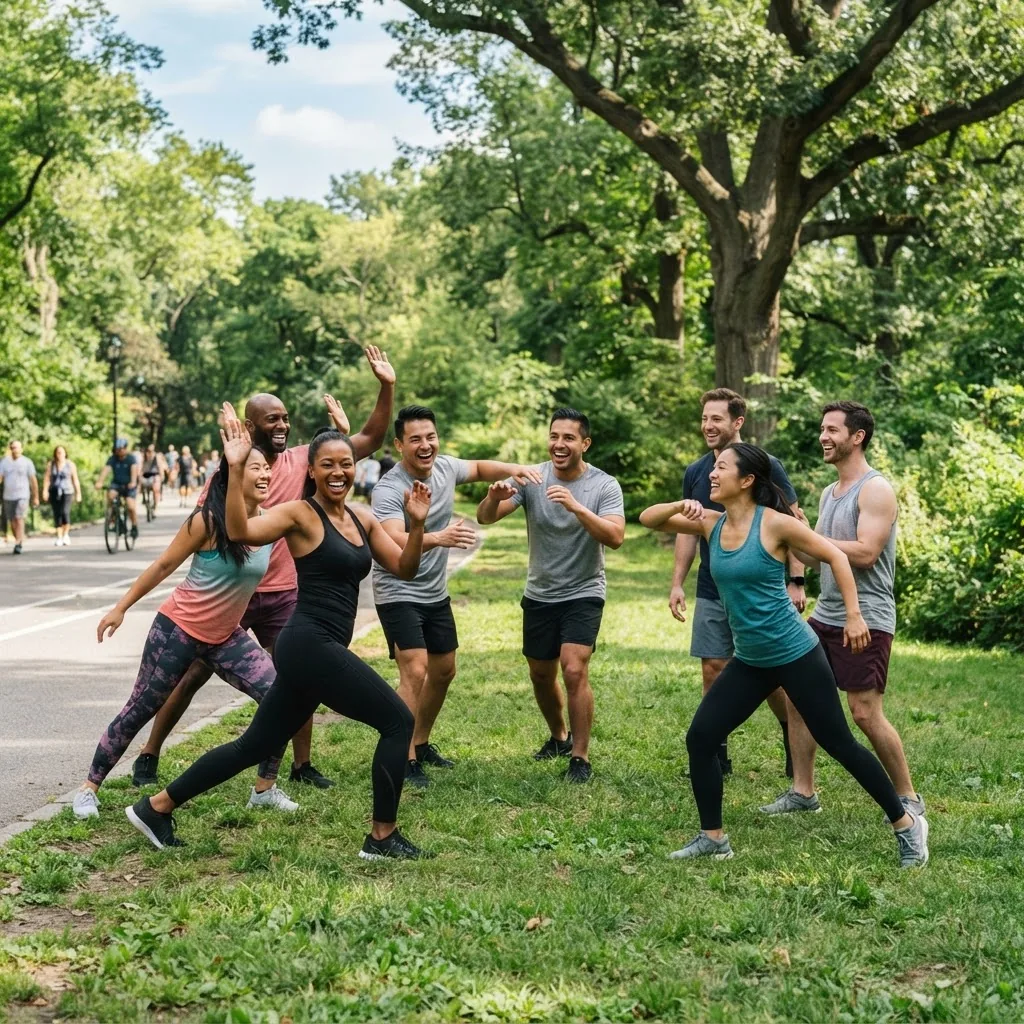 A bright, well-lit photo of a diverse group of adults enjoying outdoor exercise together in a park, showing vitality and wellness, with