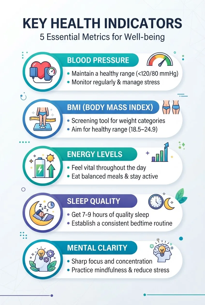 with a vertical layout depicting 5 key health indicators: blood pressure, BMI, energy levels, sleep quality, mental clarity; each with a