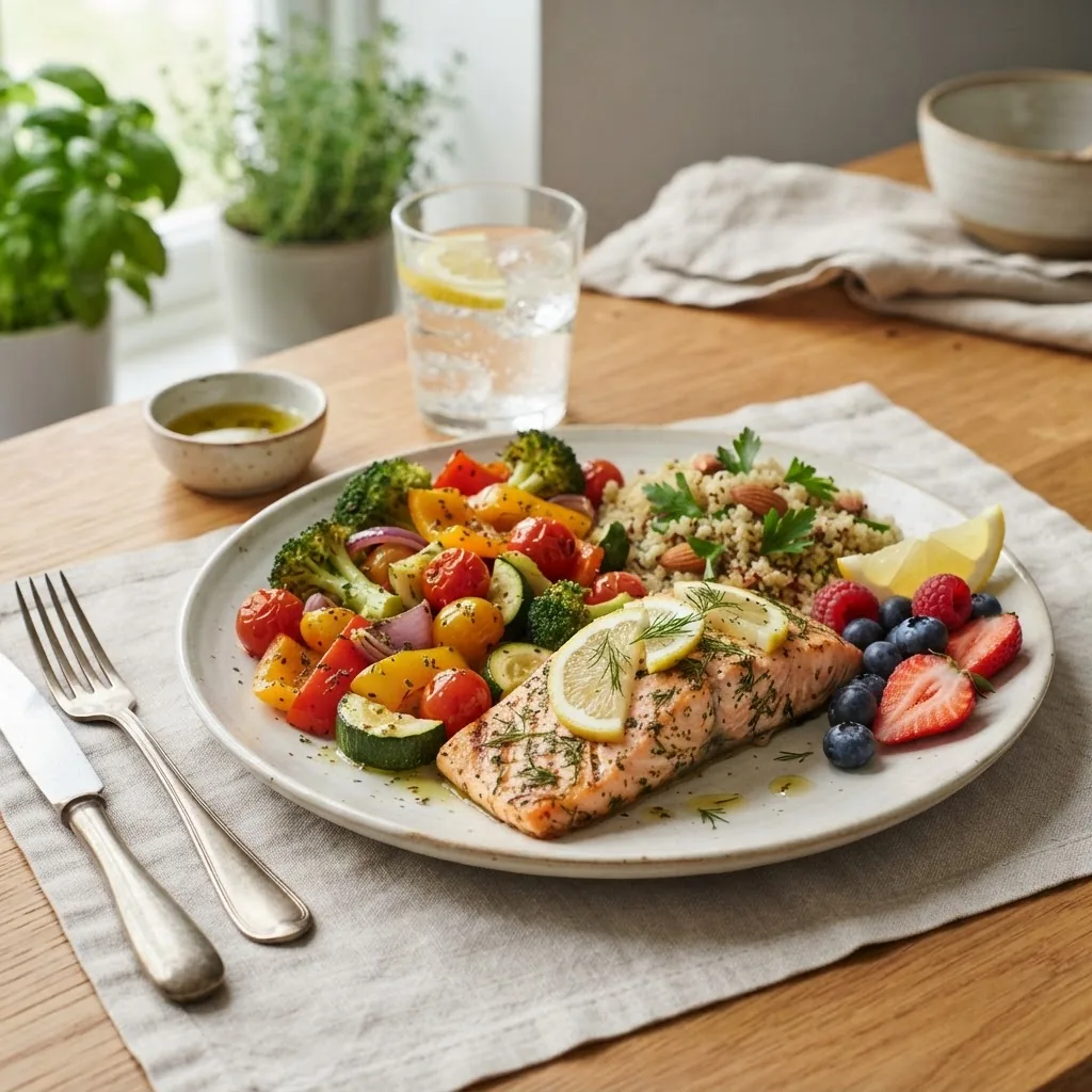Bright, colorful photo of a balanced healthy plate with vegetables, lean protein, whole grains, and fruit on a kitchen table with natural
