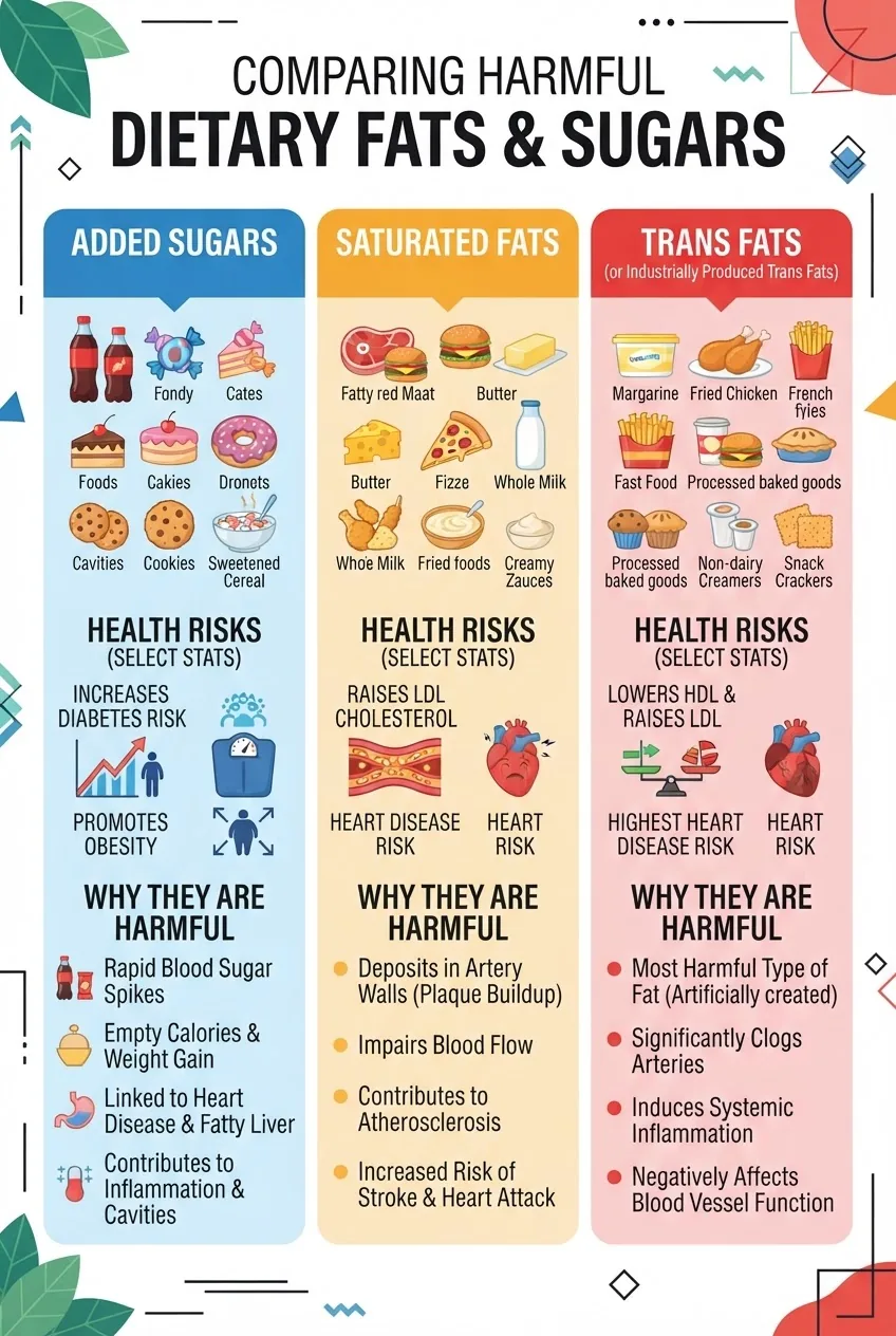 Infographic showing a 3-column comparison between top unhealthy foods categories — added sugars, saturated fats, and trans fats — each