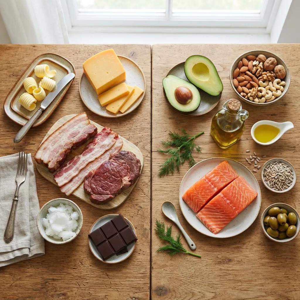 A vibrant overhead shot of a wooden table laid out with examples of foods rich in saturated fats (butter, cheese, fatty meat) on one side,