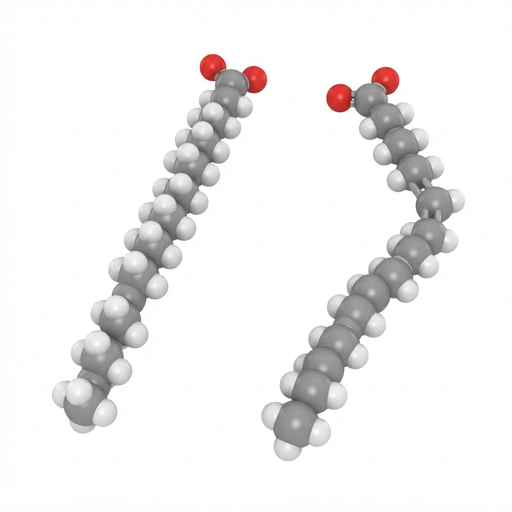 Close-up, well-lit scientific illustration of fatty acid molecular structures showing saturated (no double bonds) versus unsaturated (one