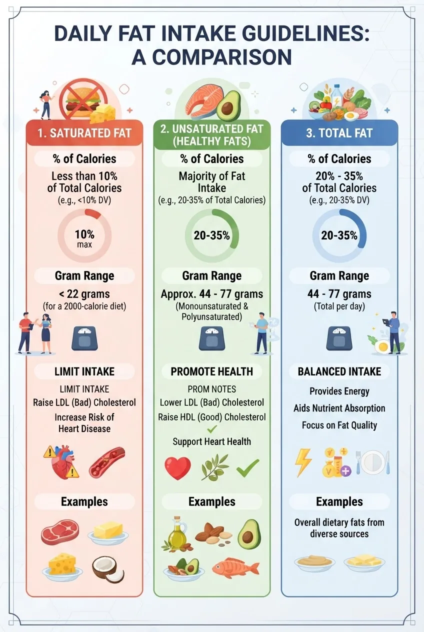 A three-column infographic comparing daily fat intake guidelines: column one for saturated fat (with % calories and gram range), column two