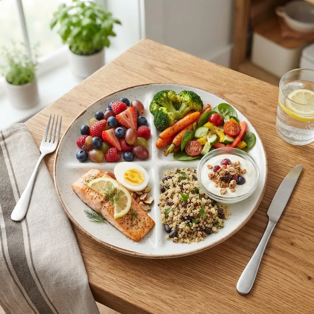 a balanced plate showing portions of fruits, vegetables, grains, protein, and dairy, taken from above in natural lighting on a wooden
