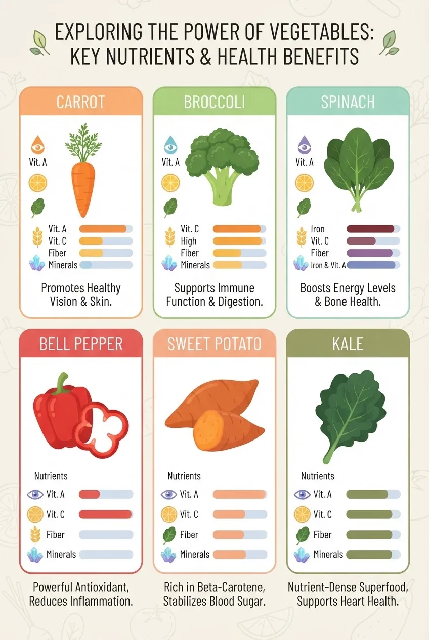 Infographic organized in a grid format showing 5–7 popular vegetables, each with icons for key nutrients (vitamins A, C, fiber, minerals),