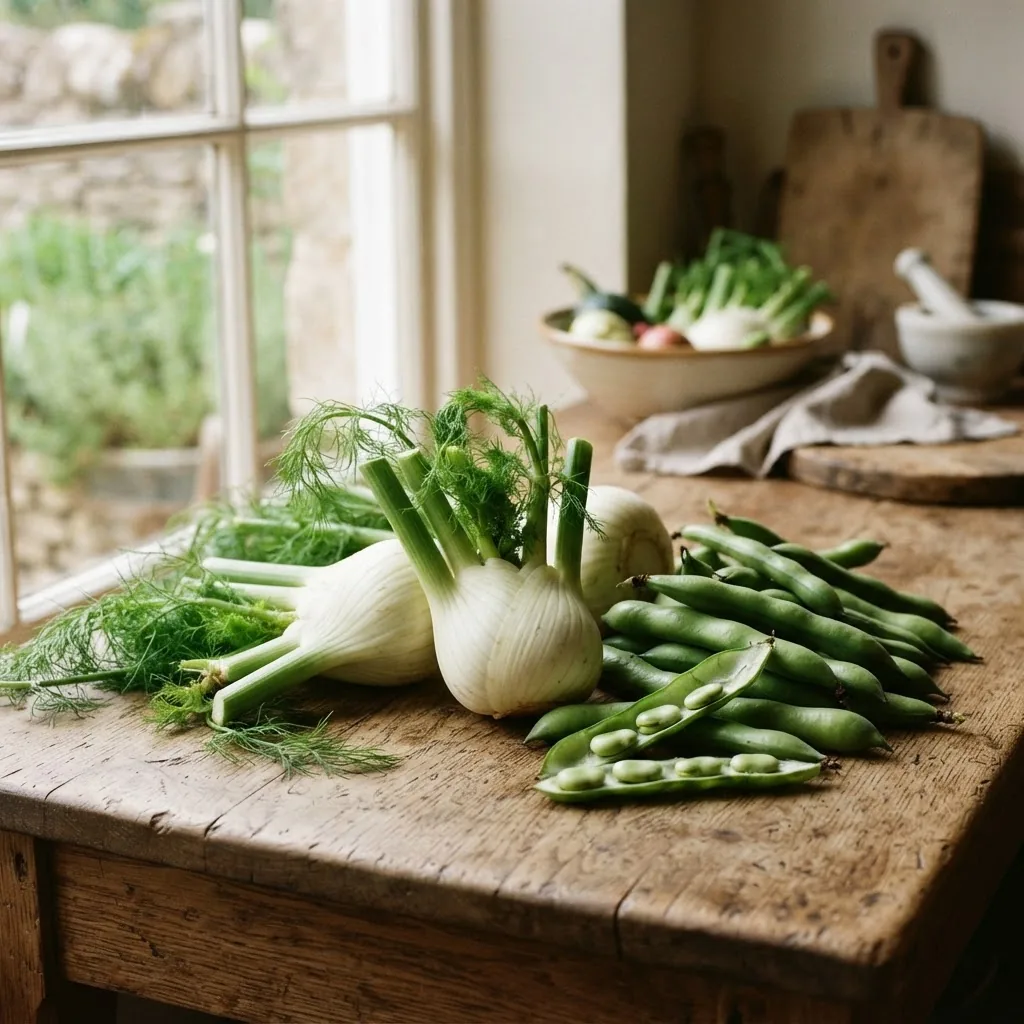 Close-up photo of fresh fennel bulbs and fava beans in a rustic kitchen setting, natural daylight from a window, warm and inviting mood,