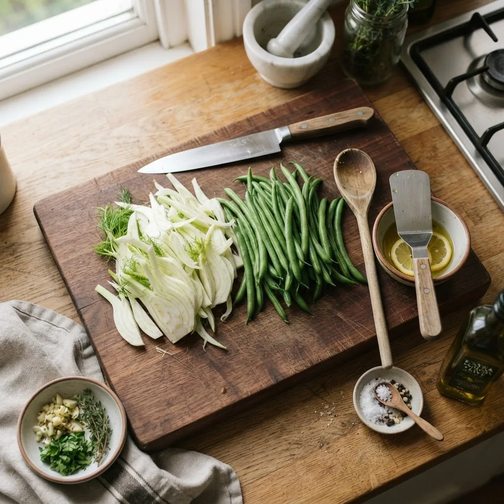 Overhead shot of a wooden cutting board with sliced fennel, French beans, and cooking utensils, soft natural light illuminating freshness