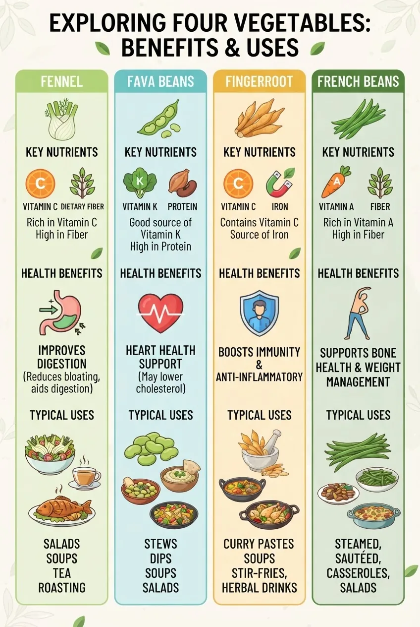 A clean, modern infographic with four vertical columns highlighting fennel, fava beans, fingerroot, and French beans; each column shows an