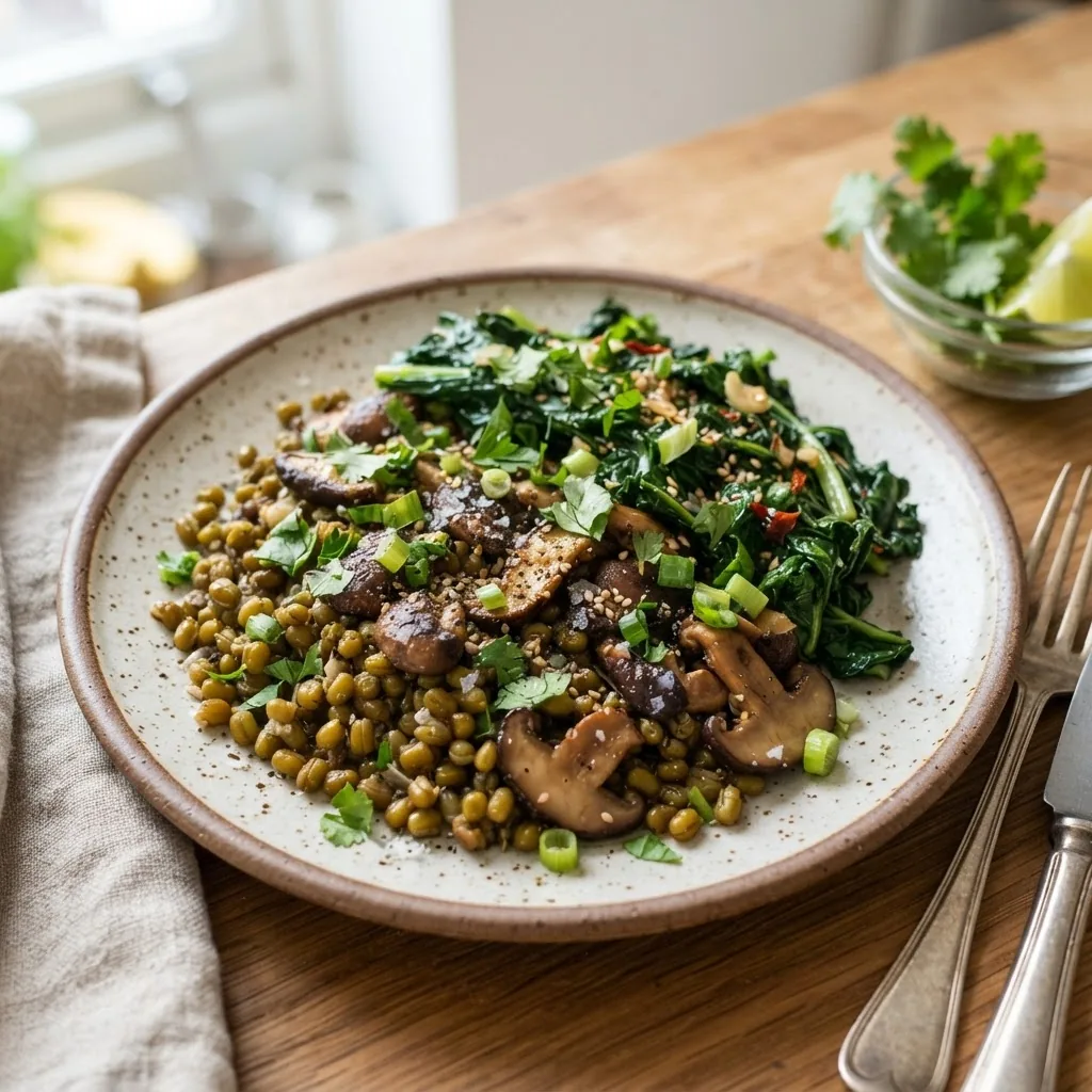 Close-up image of a balanced plate featuring a cooked dish with mushrooms, mustard greens, and mung beans arranged appealingly, shot in