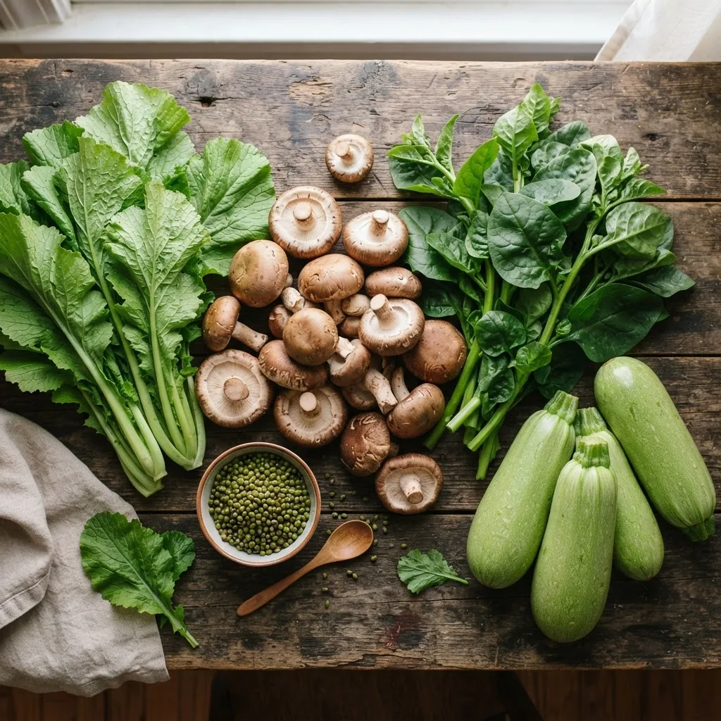 A vibrant, top-down photo of a rustic wooden table displaying an assortment of fresh vegetables that start with M, including mustard