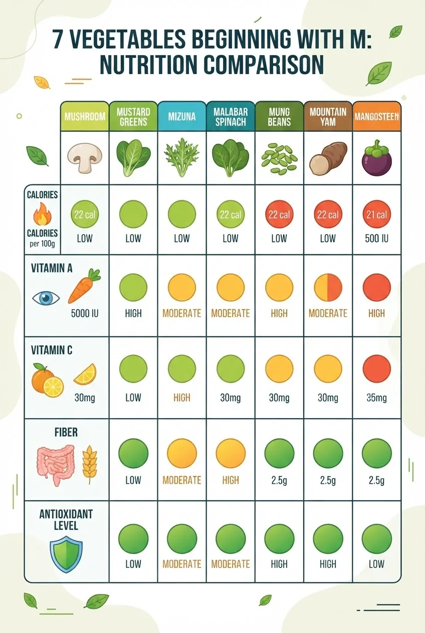 Infographic showing a clean, clear comparison table of 7 vegetables beginning with M, each column displaying calories, vitamin A, vitamin