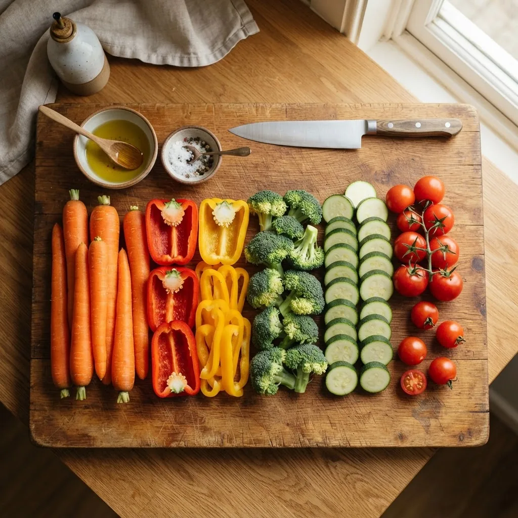 neatly arranged flat lay of various easy-to-cook vegetables like carrots, bell peppers, broccoli florets, zucchini slices, and cherry