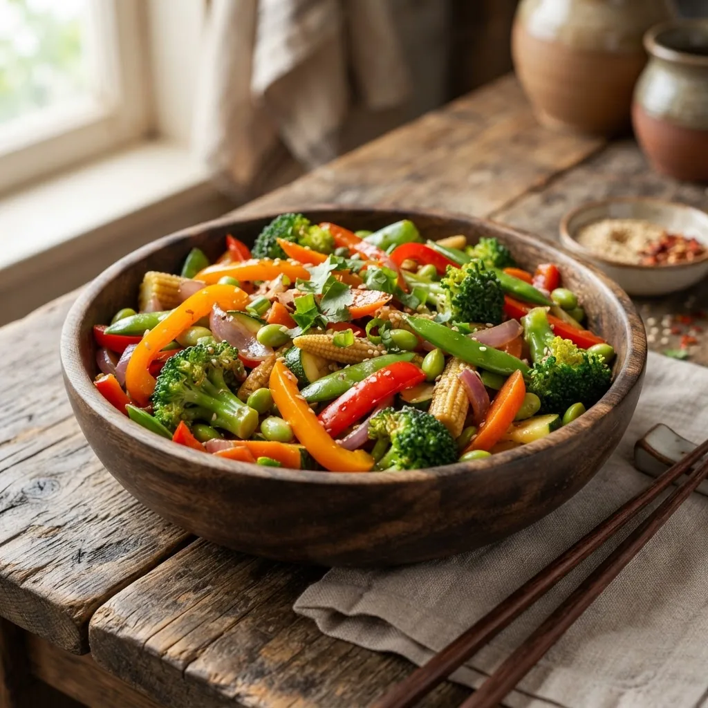 a colorful vegetable stir-fry in a wooden bowl on a rustic kitchen table, natural daylight highlighting fresh green, orange, and red