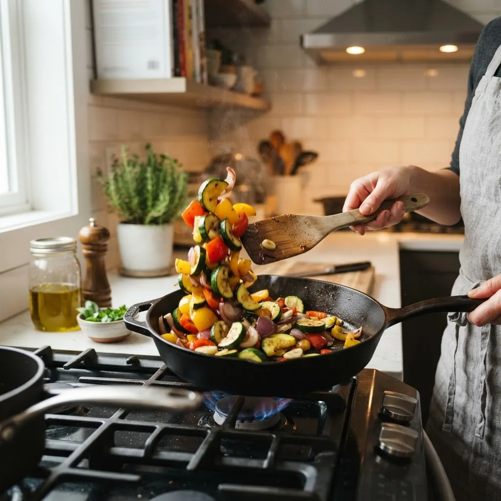 a skillet on a stovetop with sautéing zucchini and bell peppers, showing light caramelization and a wooden spatula mid-toss; modern kitchen