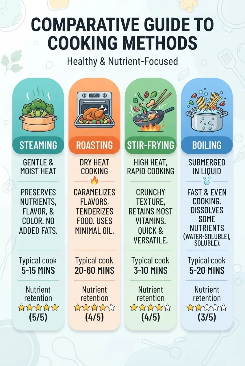 illustrates 4 cooking methods (steaming, roasting, stir-frying, boiling) in columns, each with an icon representing the method, a brief