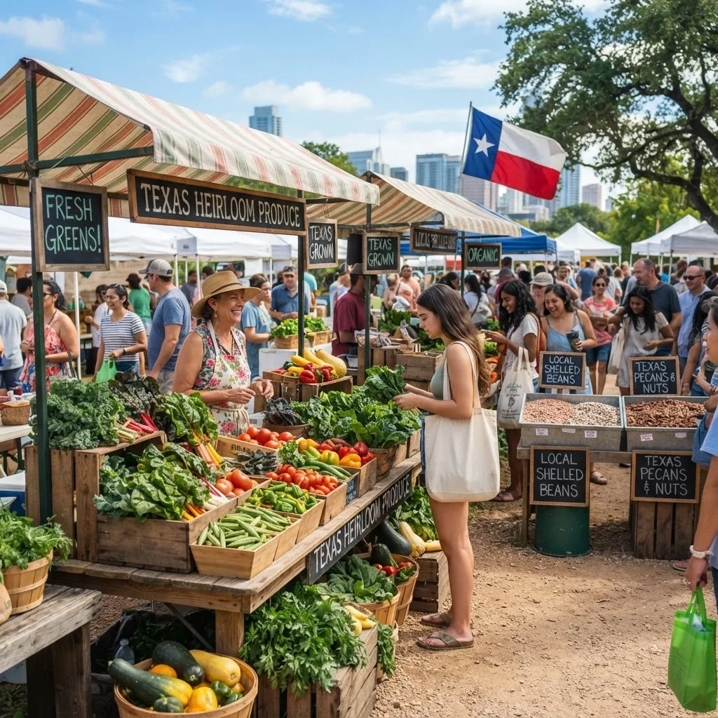 an outdoor farmers market scene in Texas featuring stalls with local beans, nuts, fresh greens, and seasonal vegan produce under sunny