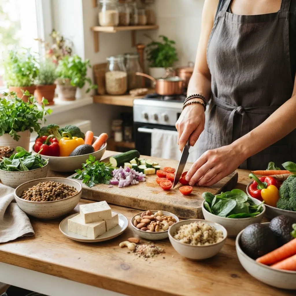 a brightly lit kitchen scene showing a variety of colorful plant-based ingredients—bowl of lentils, tofu blocks, mixed nuts, quinoa, and