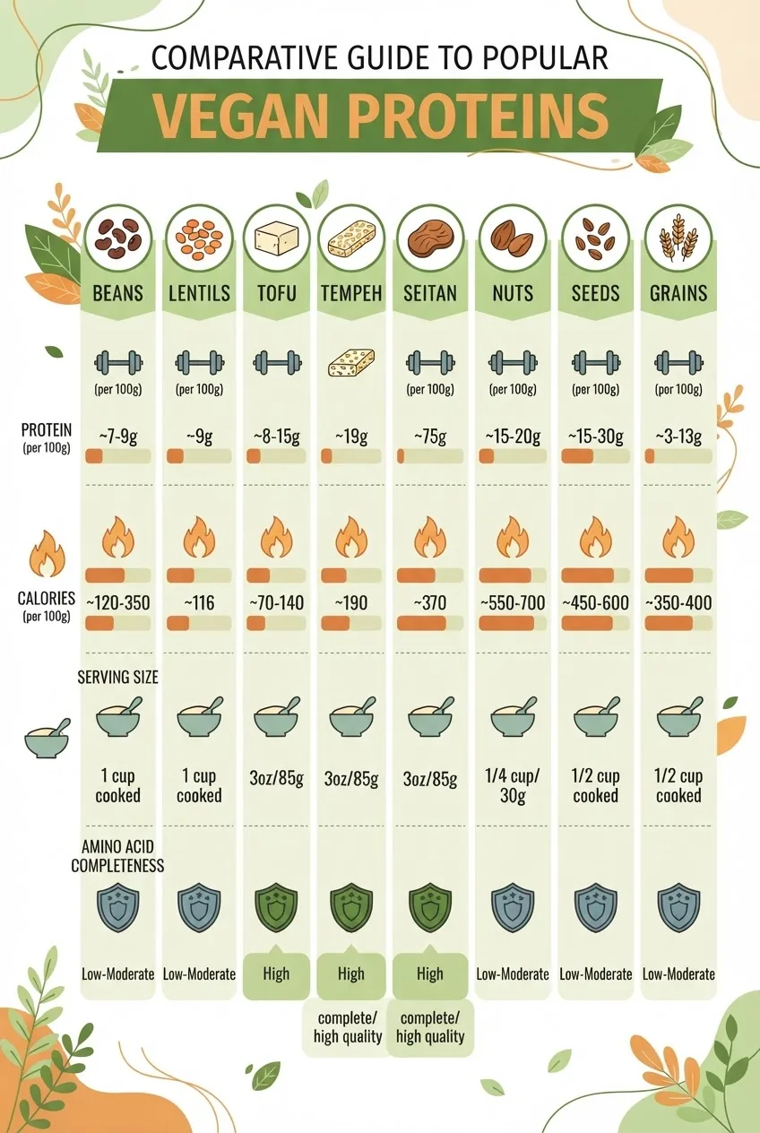 is a multi-column chart comparing popular vegan protein sources including beans, lentils, tofu, tempeh, seitan, nuts, seeds, and grains;