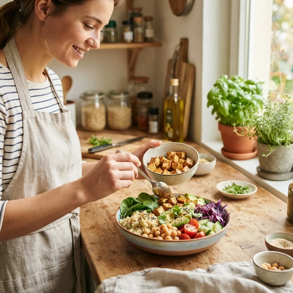 A bright, inviting kitchen scene showing a person preparing a colorful high-protein vegan meal bowl with visible ingredients like tofu