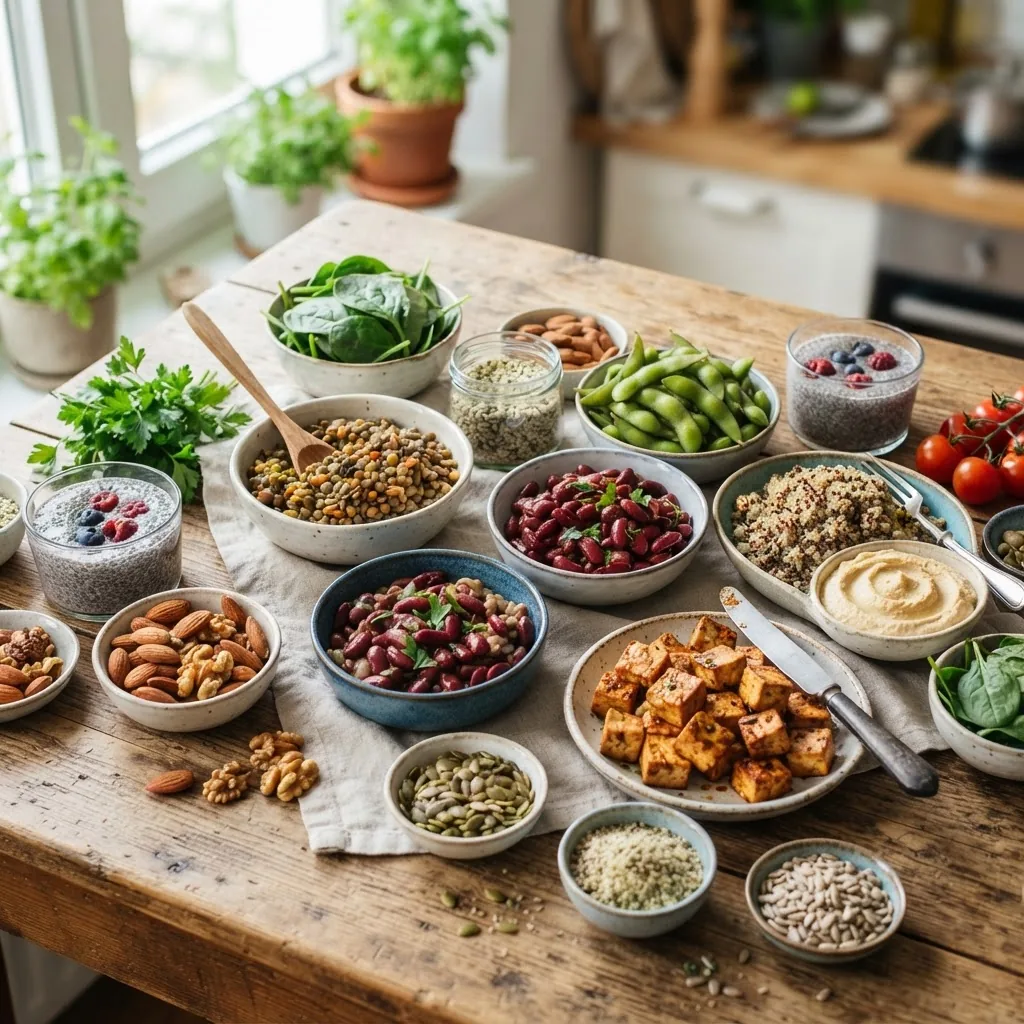 Close-up, vibrant image of an assortment of high-protein vegan foods arranged on a rustic wooden table, including beans, lentils, tofu,