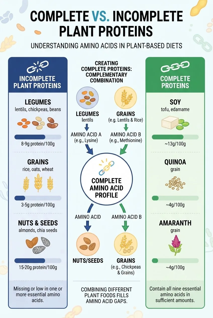A clean infographic with two columns: one titled "Incomplete Plant Proteins" listing legumes, grains, nuts, and seeds with protein