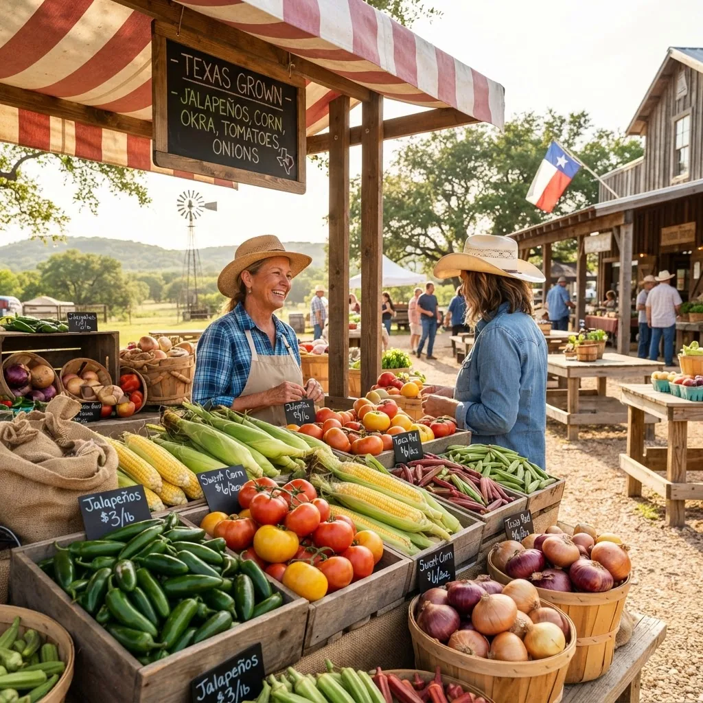 colorful farmers market display in Texas featuring local vegetables like jalapeños, sweet corn, okra, tomatoes, and onions with natural