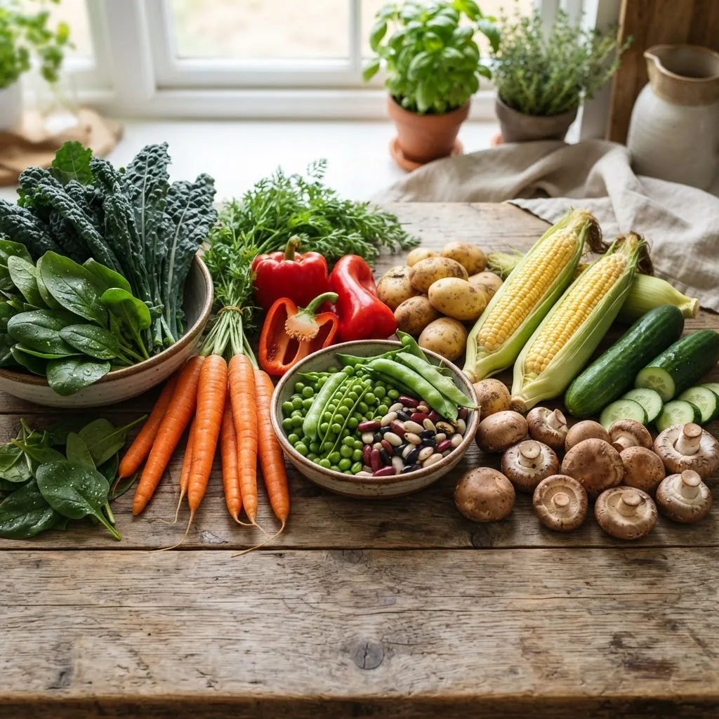 an assortment of fresh vegetables arranged by subgroup: leafy dark green kale and spinach; bright orange carrots and red bell peppers; a