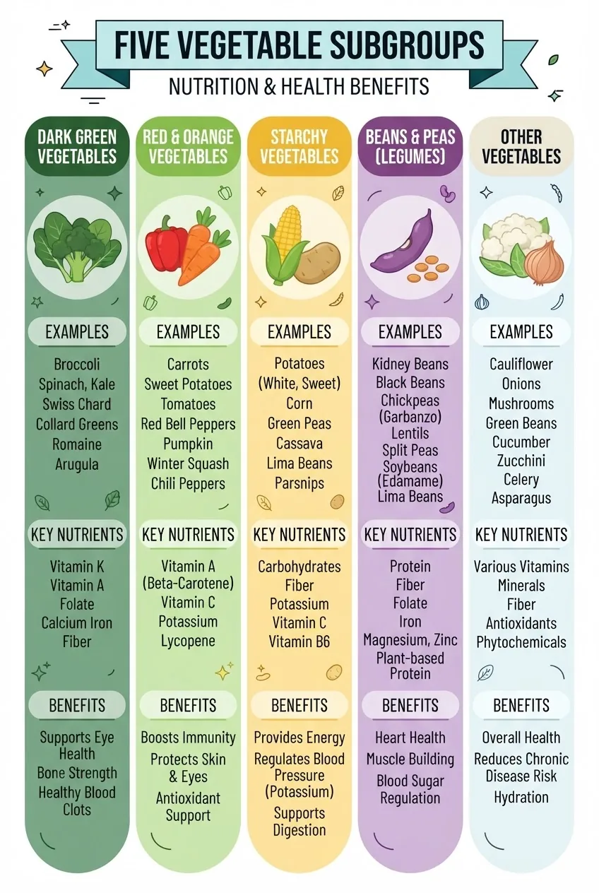 A vertical infographic illustrating the five vegetable subgroups: each subgroup represented by a column with an icon, list of 5-7 example