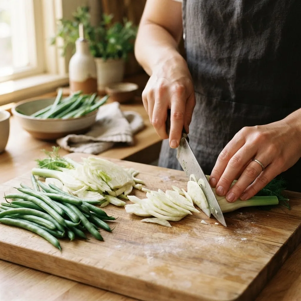 Close-up photo of a hands-on vegetable preparation scene showing sliced fennel and cleaned French beans on a kitchen cutting board, warm