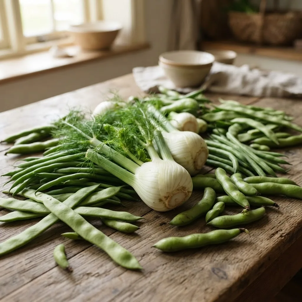 A bright high-resolution photo featuring a rustic wooden table with an assortment of fresh vegetables starting with F — including fennel